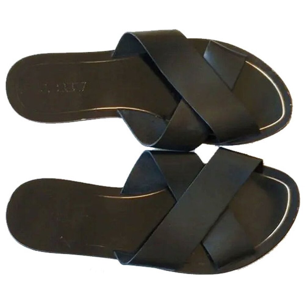 J Crew Cypress Leather Criss Cross Band Slide Flat Sandals 9 Black Tan